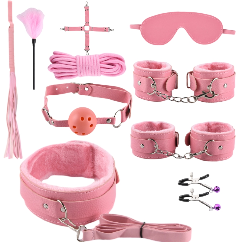 Hot-selling lychee pattern leather plush 10-piece bondage suit SM adult sex toys couple bed binding bondage