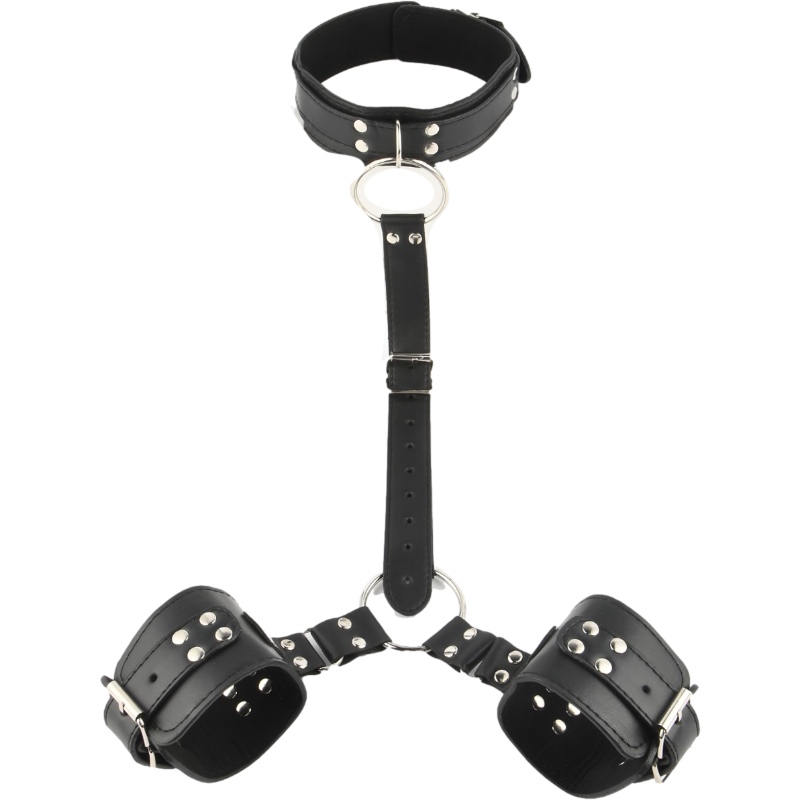 SM leather neck collar, neck cuffs, back and handcuffs, adult binding, bondage, couples, alternative torture tools